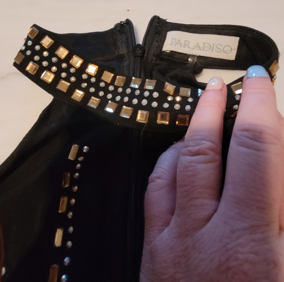 Paradiso Black and Gold Rhinestone Gem Embellished Mini Halter Dress Size Large - Picture 9 of 15